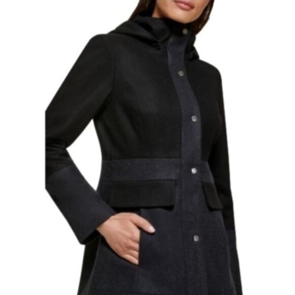 Guess Medium Charcoal Grey Colorblock Hooded Wool Blend Coat Stand Collar - Picture 1 of 8